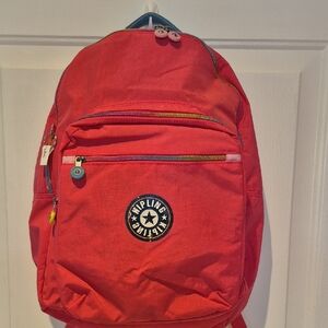Kipling Bright Pink Nylon Backpack with Rainbow Zippers. NWOT